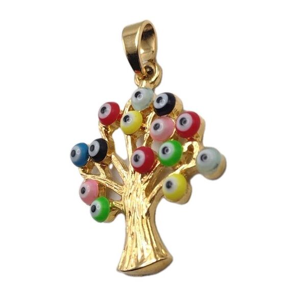 Evil Eye Hamsa Tree Of Life Pendant Lucky Protection Gold Tone Signed JH Vintage - Picture 2 of 7